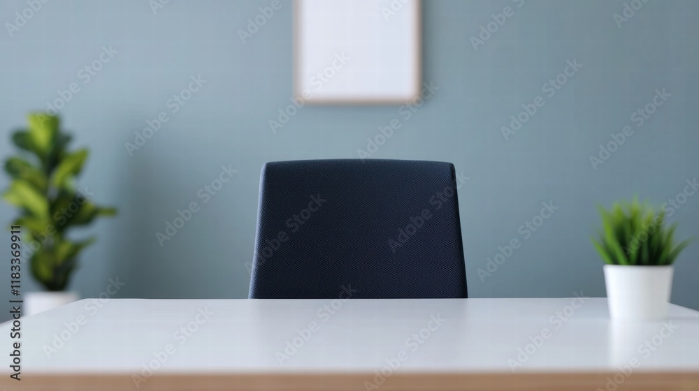 Poster modern minimalist office setup with empty chair and table, designed for focus