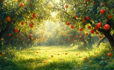 Obraz premium Sunlit Orchard Abundant With Ripe Red Apples