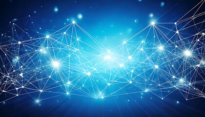 A digital network of glowing white nodes and lines on a blue background