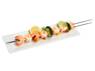 Fish and Shrimp Skewers Chunks of fish and shrimp marinated in a citrusy sauce, skewered with vegetables, and grilled to