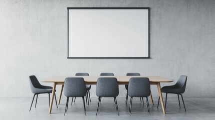 Modern conference room with projector screen showing blank presentation and empty chairs