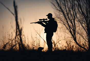 Fototapeta premium rifle silhouette hunter hunt sportsman white tail cervid buck adult aim aiming gun accuracy background dusk field game