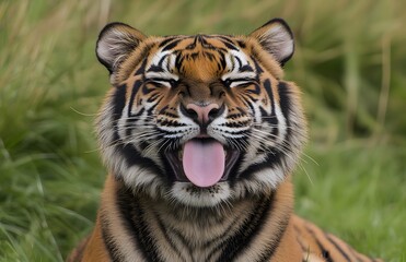 Obraz premium Sumatran Tiger Yawning In Green Grass