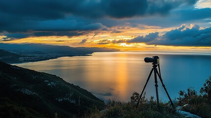 Naklejka premium Sunset coastal landscape photography with camera on tripod.