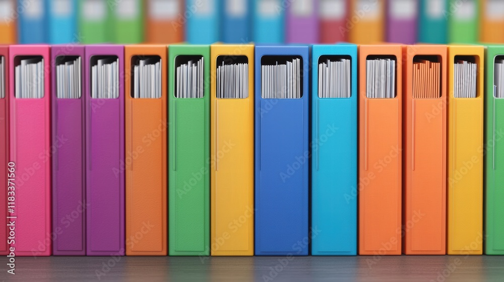 Poster Colorful ring binders standing in a row on a desk representing organization