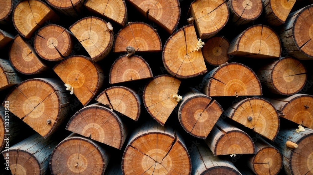 Poster stack of neatly arranged tree rounds, showcasing the intricate wood grain patterns and natural beaut