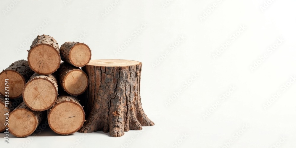 Poster Rustic tree stump display with a stack of logs, ideal for product presentation or rustic design projects