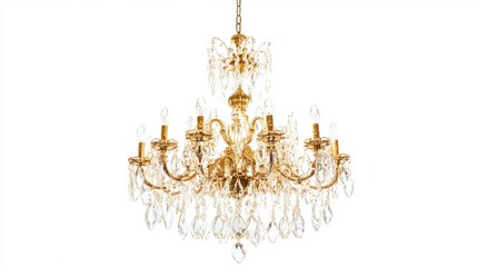 A vintage gold chandelier adorned with glass teardrop crystals, centered on a white background.