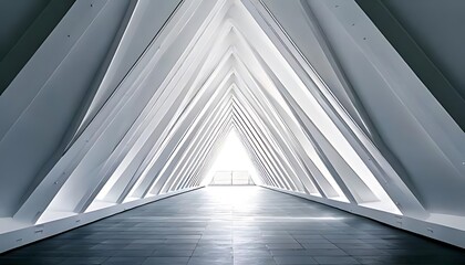Fototapeta premium A long, bright, triangular tunnel with repeating white structural elements leads to a distant, illuminated opening