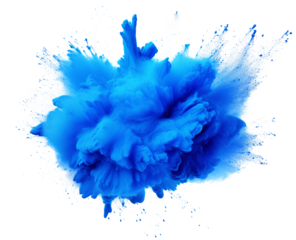 Color powder blue explosion splash of paint dust with particles cloud isolated on white and transparent background.