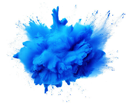 Color powder blue explosion splash of paint dust with particles cloud isolated on white and transparent background.