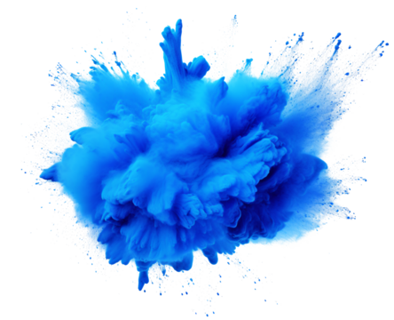 Color powder blue explosion splash of paint dust with particles cloud isolated on white and transparent background.