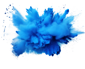 Color powder blue explosion splash of paint dust with particles cloud isolated on white and transparent background.