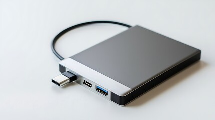 A black and silver USB drive with a cable attached to it