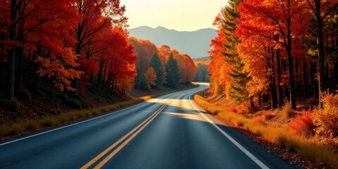 Fototapeta premium Autumnal Road Winding Through Vibrant Fall Foliage and Rolling Hills