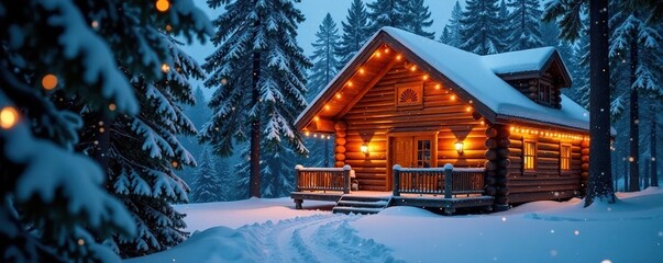 Wooden cabin walls adorned with twinkling forest lights amidst winter snowfall, snow, lights, serene