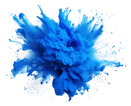 Color powder blue explosion splash of paint dust with particles cloud isolated on white and transparent background.
