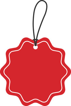 Blank red round starburst hang tags with wavy edges and white borders. Flat design illustration.	