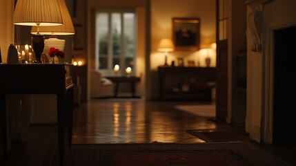 Dark hallway interior with lamp, candles, and antique furniture.