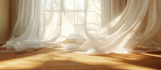 Sunlit room, sheer curtains billowing, wooden floor