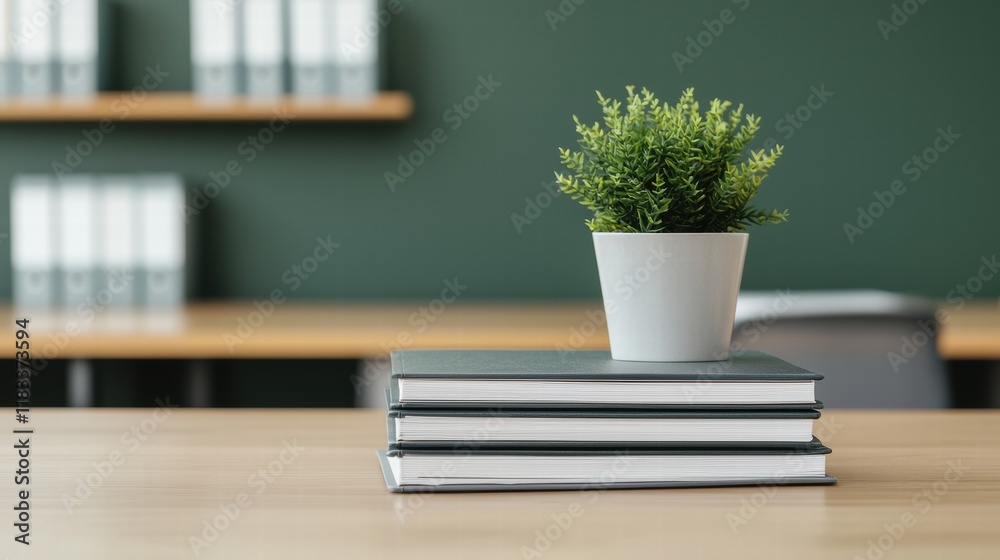 Poster potted plant resting on a stack of books in an empty office