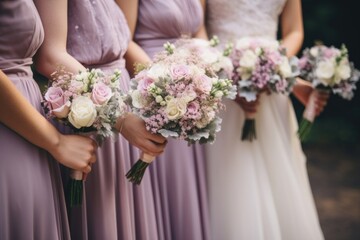 Wedding bride bridesmaid outdoors.