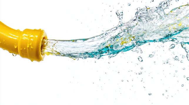 A yellow rubber water hose pouring a liquid against a white background. Water splashing. A squirt of water flowing from a yellow hose