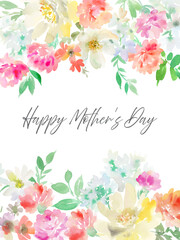 A vector design for a Mother's Day card with abstract carnations and foliage painted in watercolor. A hand-drawn floral background illustration.