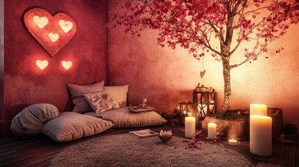 Romantic room with pink walls features a love tree, candles, and cozy decor, perfect for special moments.