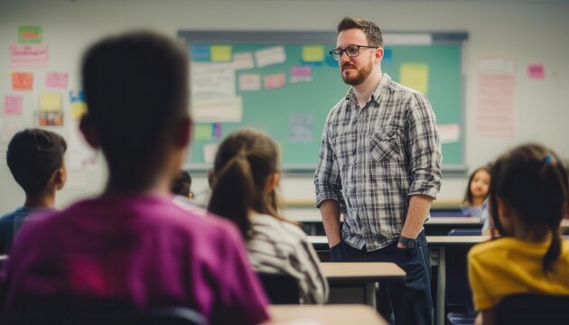 Teacher leading a classroom discussion with engaged and inspired students, Leadership, influence, transformation, Educational leadership
