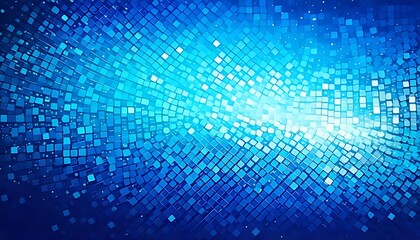 A swirling mosaic of blue squares creates a dynamic and luminous abstract design