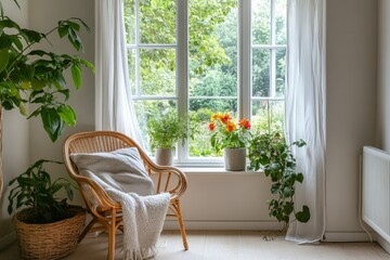 Fototapeta premium a living room with flowers outside.