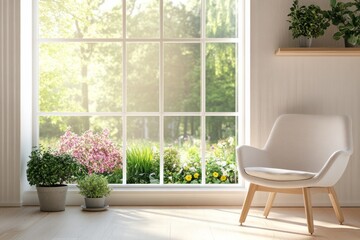 a living room with flowers outside.