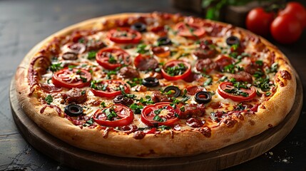 Italian Pizza with tomato olive sausage cheese 