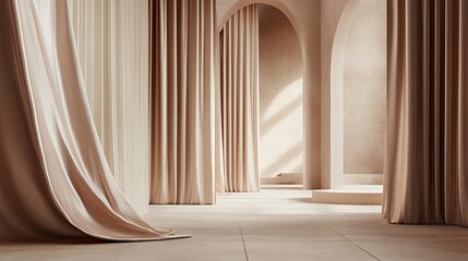 Soft satin drapery and muted tones create a luxurious ambiance in a 3D-rendered room, perfect for high-end displays.