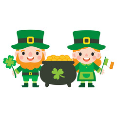 Saint Patrick's Day Clipart, man and woman Saint Patricks, Cheerful Leprechauns with Pot of Gold