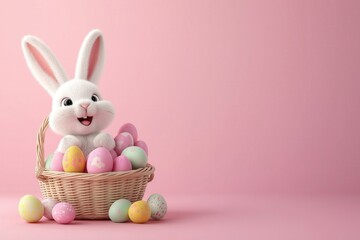 cute easter bunny sitting in the basket with colored eggs 3D cartoon background
