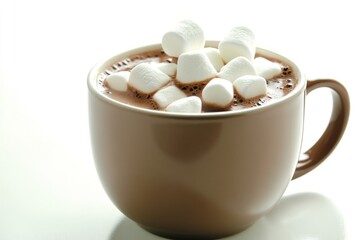Mid-closeup of a steaming mug of hot chocolate with fluffy marshmallows floating on top, rich cocoa color against a white background