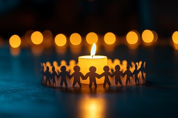 Glowing candle in circle of unlit candles symbolizing leadership