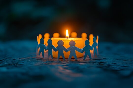 Wooden figurines forming a circle around glowing candles symbolizing unity