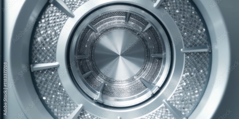 Poster Close-up view of a metallic appliance drum with intricate detailing and a polished central surface