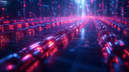 Obraz premium Digital network glowing with neon lights on circuit board, technology concept