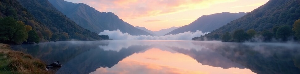 Fototapeta premium Gentle mist rising from mountain loch at dawn, Scotland, nature