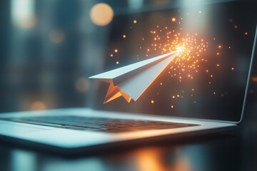 Paper plane glowing as it flies from laptop screen