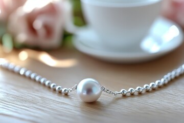 Cup of coffee with pearl necklace on an elegant white table