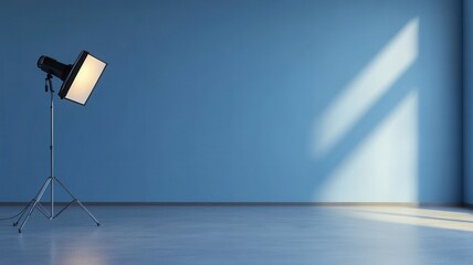 An empty studio room illuminated by a solitary spotlight, creating an atmosphere of solitude and anticipation.