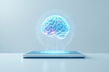 Glowing holographic brain floating above a digital platform