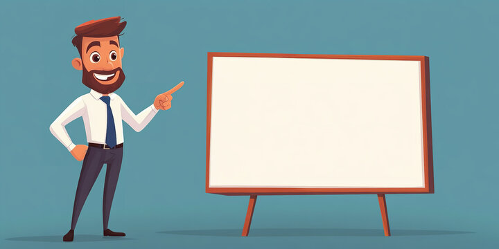 The image shows a cartoon character standing to the left, pointing at a large, empty whiteboard on the right side