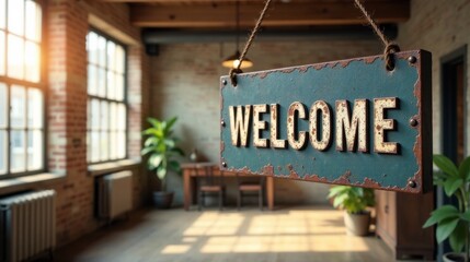 Obraz premium Rustic Welcome Sign Hanging in a Sunlit Industrial Loft Space