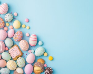 Colorful Easter-Themed Treats on a Bright Blue Background Suitable for Easter, Christmas, and Birthdays